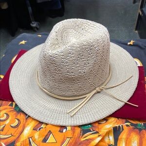 Tan Wide Brimmed Hat with Straw Material and Simple Bow